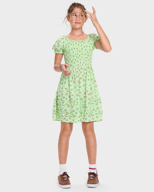 Girls Short Sleeve Floral Print Smocked Ruffle Dress - GREEN | The  Children's Place