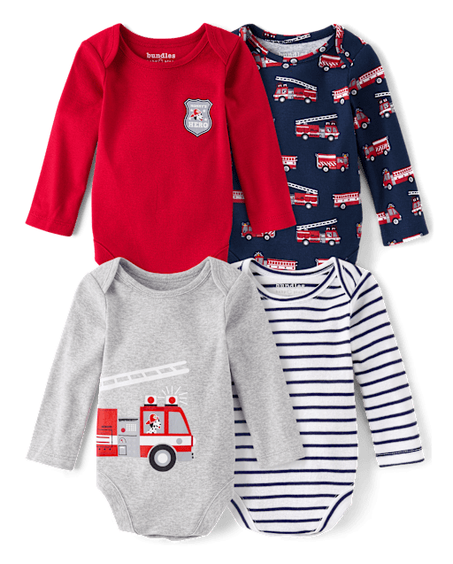 Petit Bebe Boys Navy Blue Check Smocked Firetrucks Longall