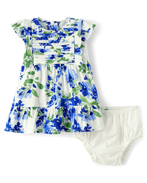 The Children's Place Baby Girls Mommy And Me Floral Pleated Ruffle Dress | Size 0-3 M | Blue | 100% Cotton