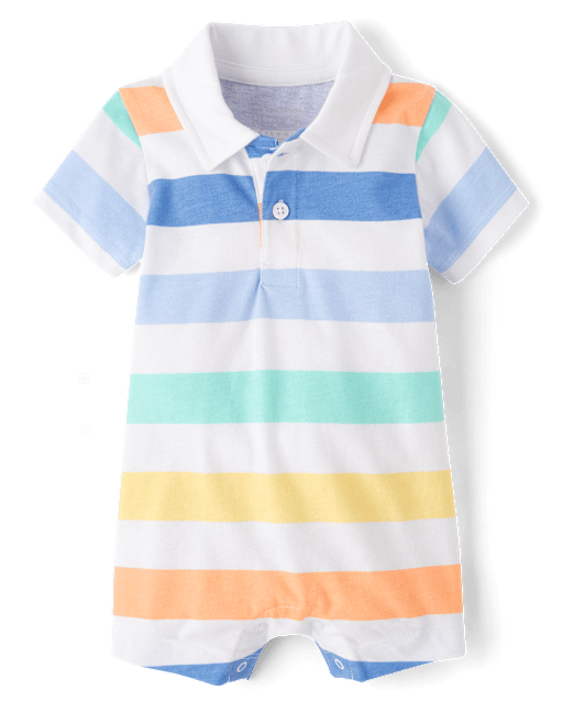 Baby Boys Striped Polo Romper - Coral