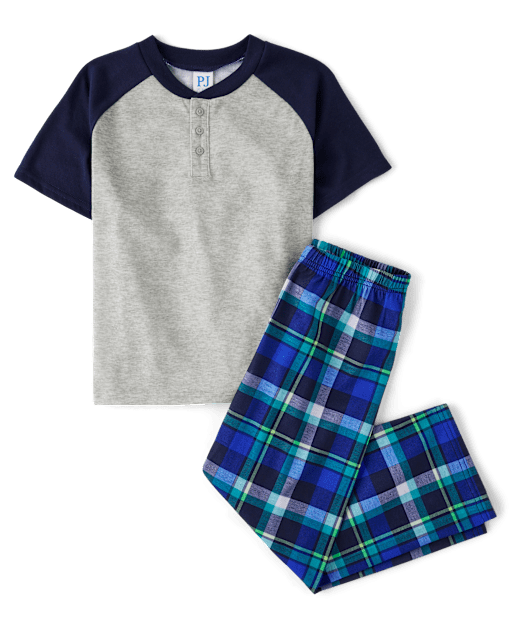 Boys Short Raglan Sleeve Plaid Henley Pajamas BLUE The