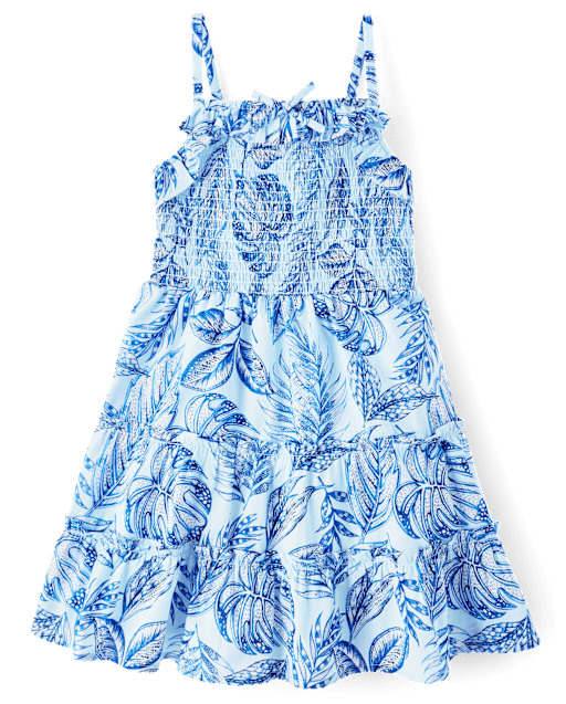Girls Matching Family Sleeveless Tropical Print Smocked Tiered Dress - BLUE | The Children's Place Girls Matching Family Sleeveless Tropical Print Smocked Tiered Dress - BLUE | The Children's Place