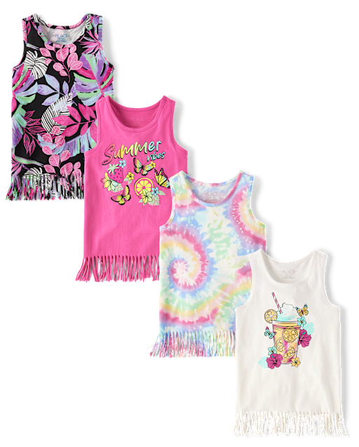 Girls Sleeveless Summer Vibes Fringe Tank Top 4-Pack - PINK