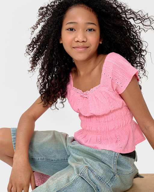Girls Sleeveless Eyelet Smocked Top - PINK | The Children's Place