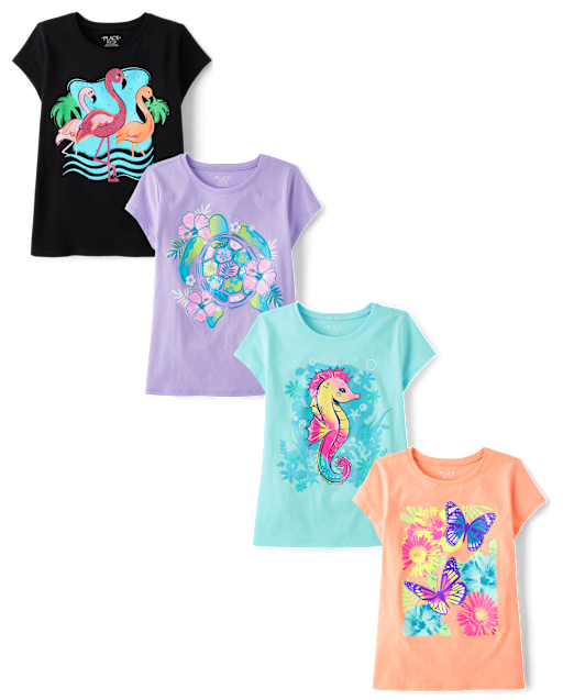 Girls Short Sleeve Summer Graphic Tee 4-Pack - MULTI | The