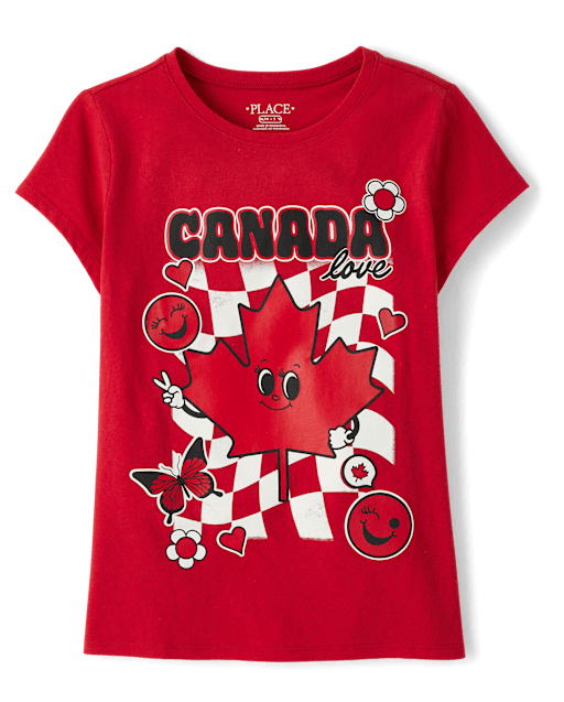 メープルページ♡ Girls Short Sleeve Canada Day Maple Leaf Graphic Tee - RED | The