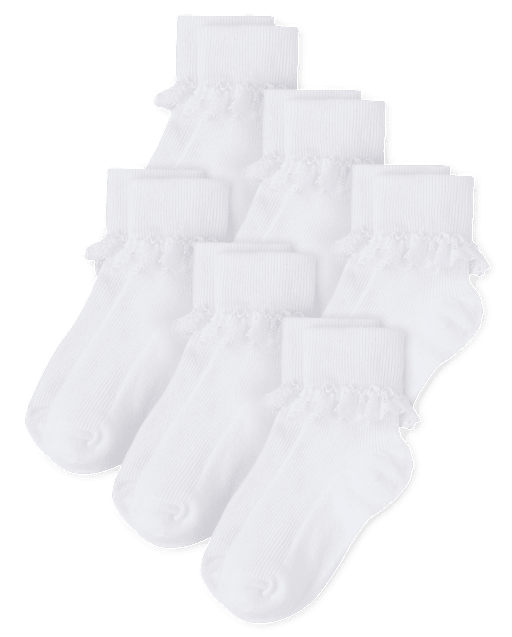 Girls Lace Turn Cuff Socks 6-Pack - White