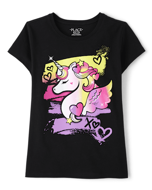 Girls Short Sleeve Unicorn Graphic Tee - BLACK | The Children's Place