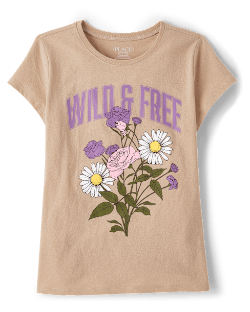Girls Short Sleeve Wild And Free Graphic Tee - TAN | The