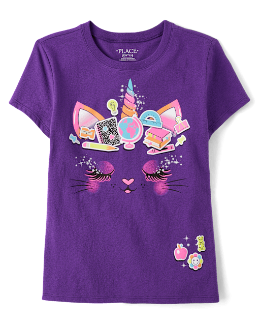 T-shirt Fille Blanc Avec Chat - Taille 14/16, Manches Longues, 100% Coton