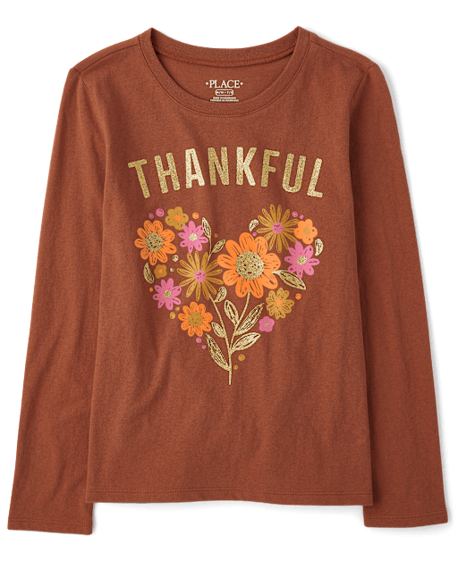 Girls Long Sleeve Thankful Flower Heart Graphic Tee - BROWN | The