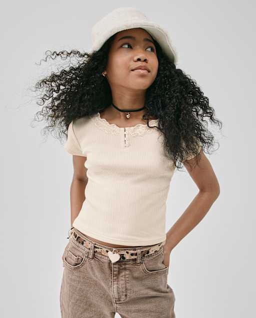 Girls Short Sleeve Ribbed Lace Henley Top - CREAM | The Children's