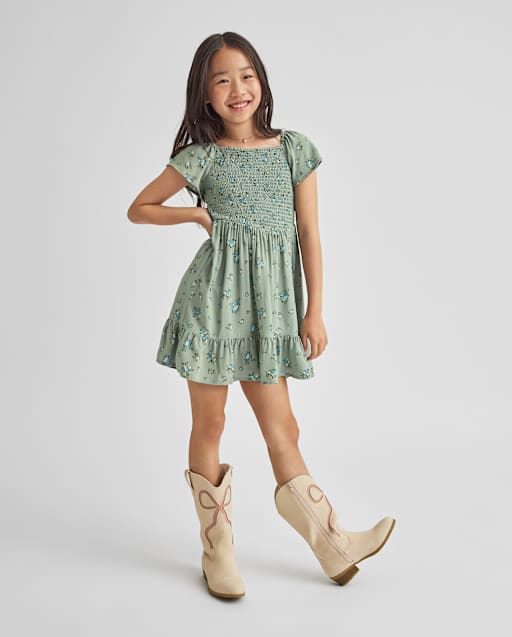 Girls Short Flutter Sleeve Floral Smocked Ruffle Dress - GREEN | The Children's Place Girls Short Flutter Sleeve Floral Smocked Ruffle Dress - GREEN | The Children's Place