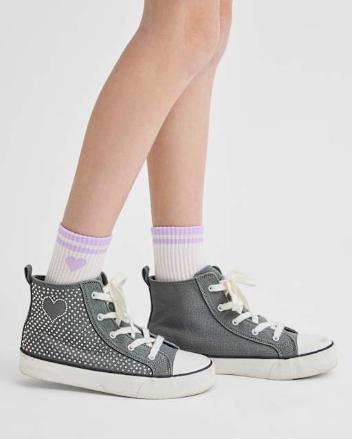 Girls Rhinestone Heart High Top Sneakers - GRAY | The Children's Place