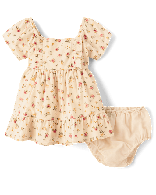 Baby Girls Floral Ruffle Fit And Flare Dress - Tan