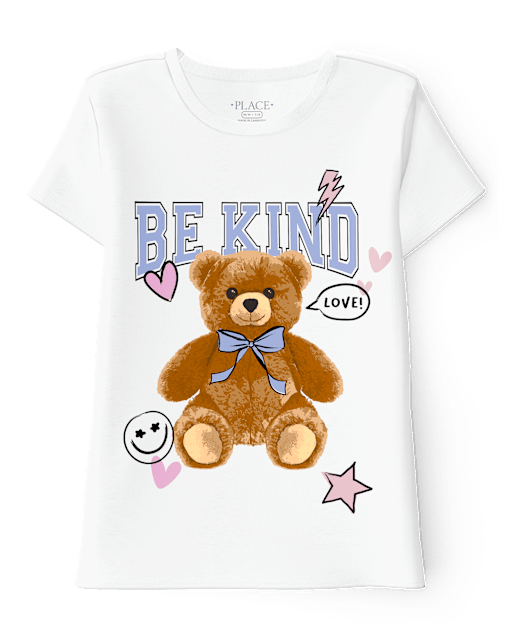 Girls Short Sleeve Kind Teddy Bear Graphic Tee - WHITE | The