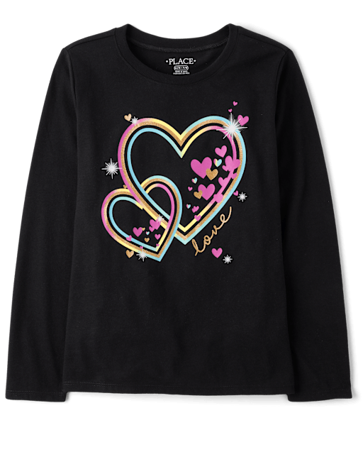 Girls Long Sleeve Neon Hearts Graphic Tee - BLACK | The Children's