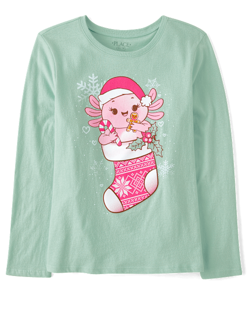 Girls Long Sleeve Axolotl Christmas Stocking Graphic Tee - GREEN