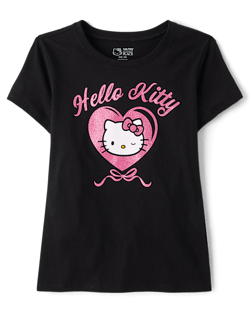 Girls Short Sleeve Hello Kitty Glitter Heart Graphic Tee - BLACK