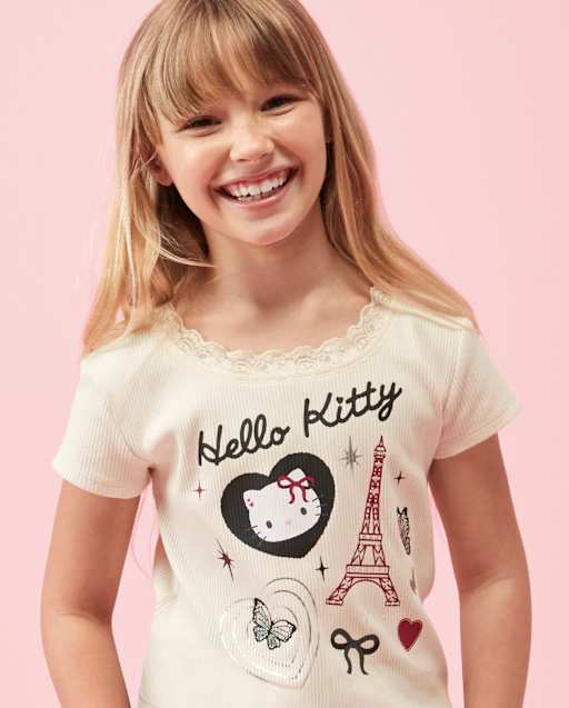 Girls Short Sleeve Hello Kitty Embellished Ribbed Baby Tee - CREAM