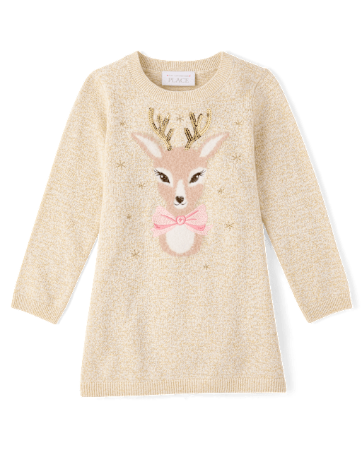 Baby And Toddler Girls Eyelash Reindeer Sweater Dress - White