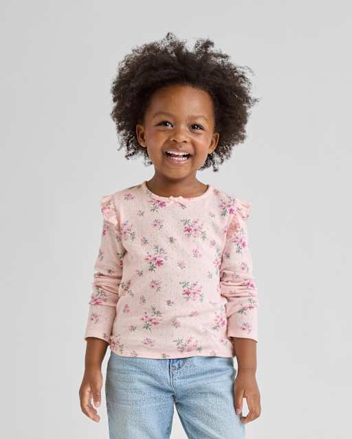 Toddler Girls Long Sleeve Floral Pointelle Flutter Top