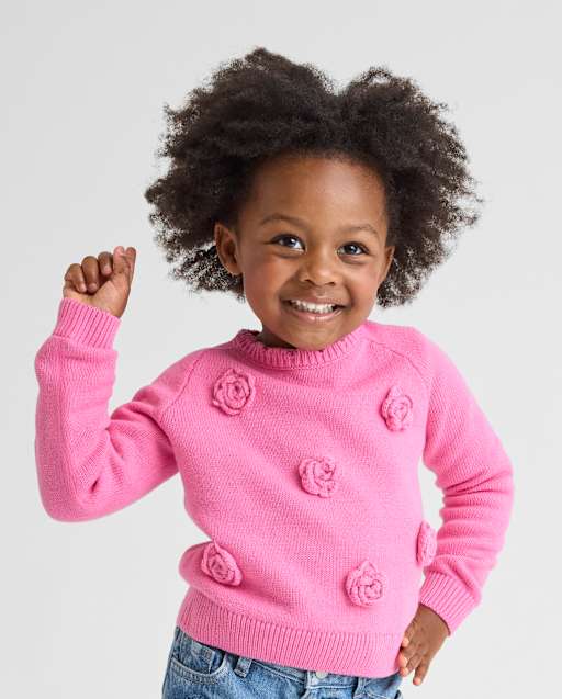 Toddler Girls Long Sleeve 3D Rosette Sweater - PINK | The