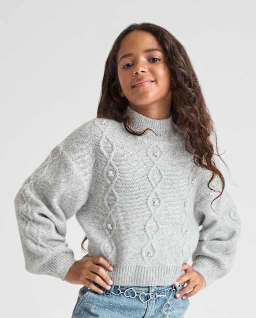 Girls Long Sleeve Faux Pearl Cable Knit Cropped Sweater - GRAY