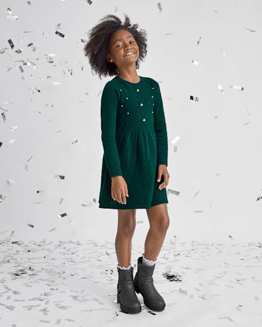 Girls Long Sleeve Faux Pearl Cable Knit Sweater Dress - GREEN
