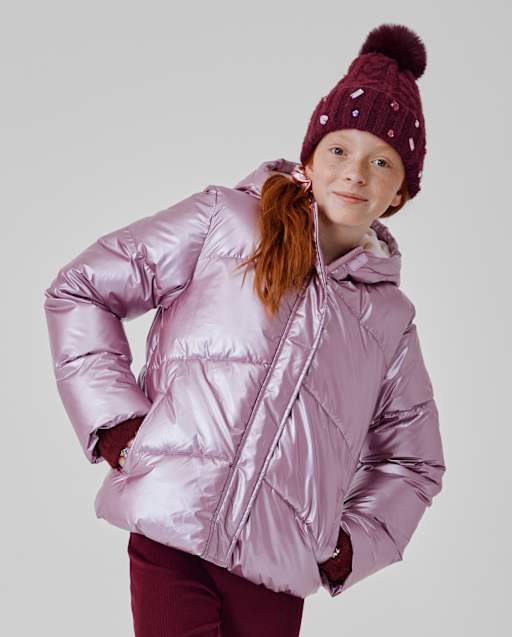 Girls Long Sleeve Pearlescent Midweight Microfleece Lined Puffer