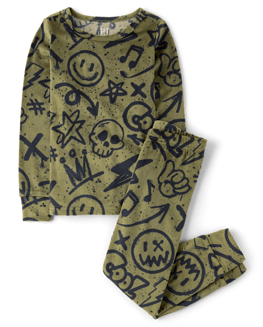 Boys Long Sleeve Graffiti Velour Pajamas - GREEN | The Children's