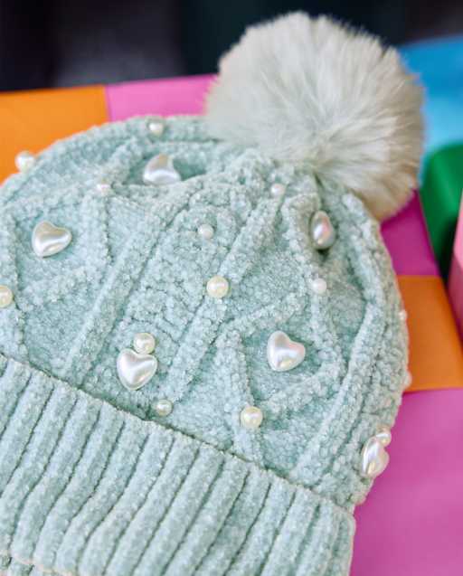 Girls Cable Knit Faux Heart Pearl Pom Pom Beanie - BLUE | The