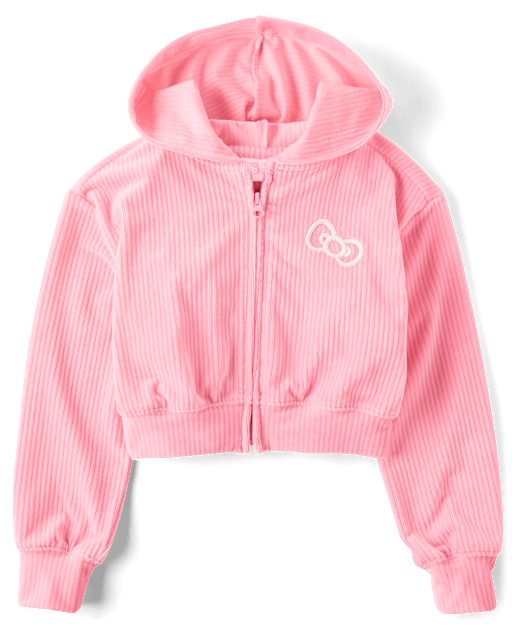 Girls Active Long Sleeve Hello Kitty Embroidered Velour Zip Up
