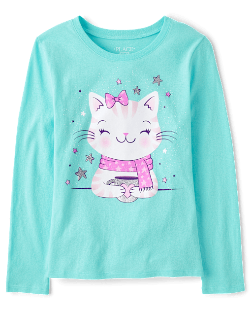 Girls Long Sleeve Cat Cocoa Graphic Tee - GREEN | The Children's Place