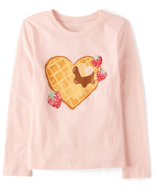 Girls Long Sleeve Strawberry Heart Waffle Graphic Tee - PINK | The