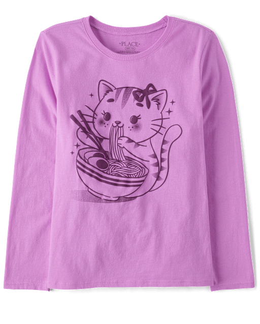 Girls Cat Ramen Graphic Tee - Purple