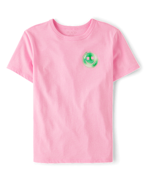 happy ④ Girls Short Sleeve St. Patrick's Day Happy Face Front And Back