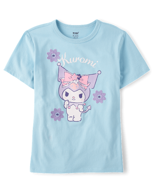 Girls Short Sleeve Kuromi Satin Stitch Embroidered Floral Graphic