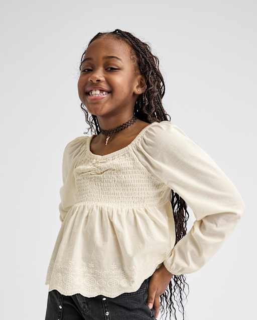 Girls Long Sleeve Embroidered Eyelet Peplum Top - CREAM | The