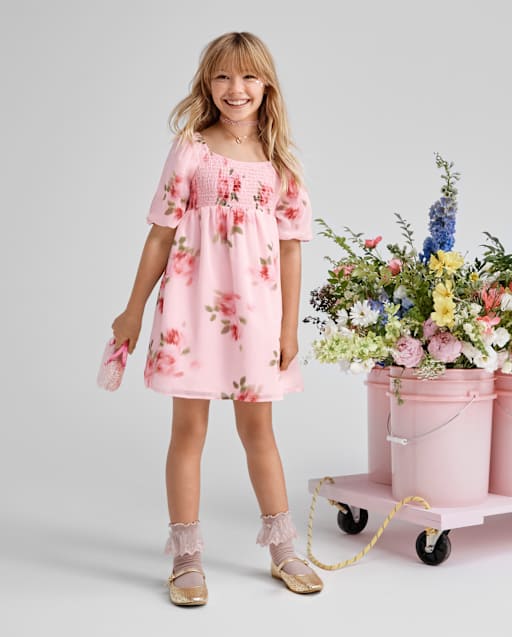 The Children's Place Girls Long Sleeve Floral Chiffon Smocked Dress Pink L (10/12)