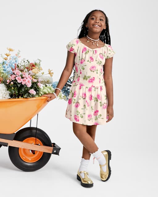 Girls Short Sleeve Floral Smocked Puff Sleeve Dress - CREAM | The