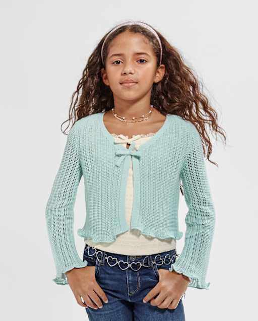 Girls Long Bell Sleeve Lettuce Pointelle Cardigan - AQUA | The