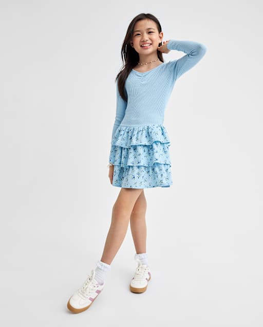 Girls Long Sleeve Floral Tiered Drop Waist Dress - BLUE | The Children's  Place