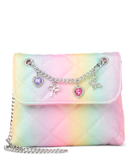 Sac à Main Fille En Similicuir Noir - Motif Coeur Arc-en-ciel - Neuf