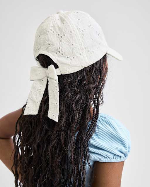 Girls Bow Back Embroidered Eyelet Baseball Hat - WHITE | The  display picture 2