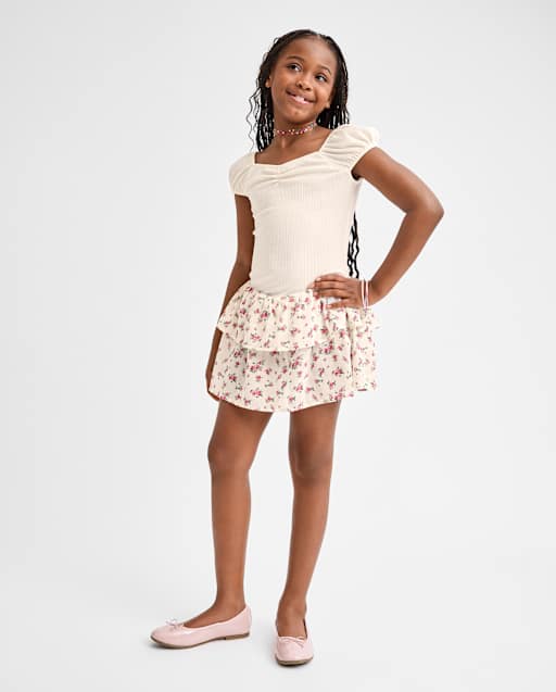house on the hill Dress (Flower)100センチ Girls Short Sleeve Floral Tiered V-Waist Dress - CREAM | The