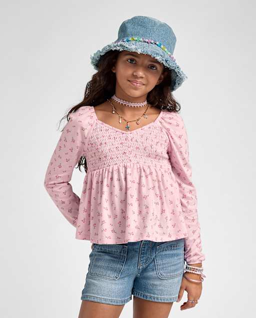 Girls Long Sleeve Floral Smocked Peplum Top - PINK | The