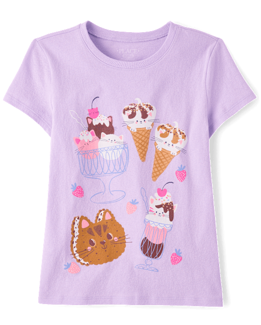 Girls Short Sleeve Cat Ice Cream Graphic Tee - PURPLE | The