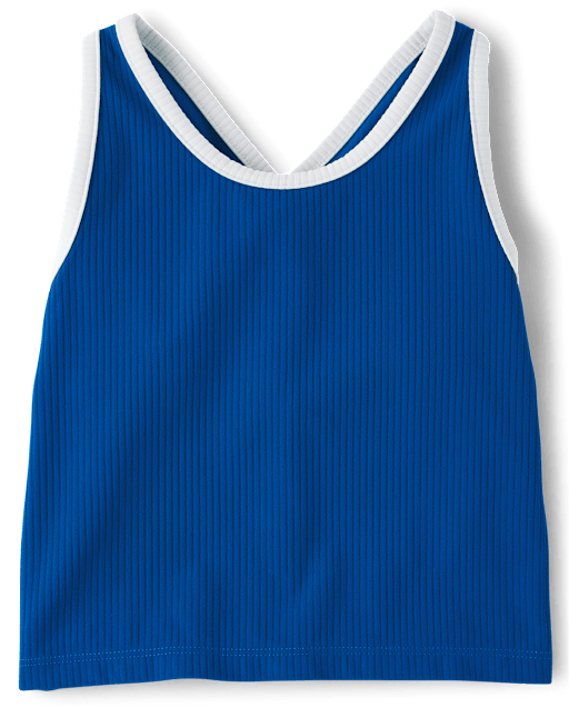 Girls Active Sleeveless Contrast Ribbed Cross Back Tank Top - BLUE