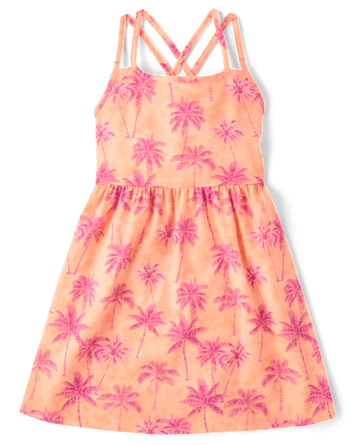 Girls Sleeveless Print Cross Back Dress - ORANGE | The Children's
